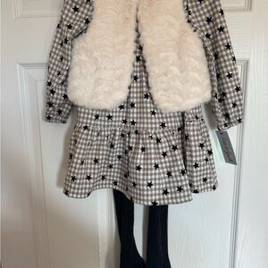 Plaid Dress with Faux Fur Vest